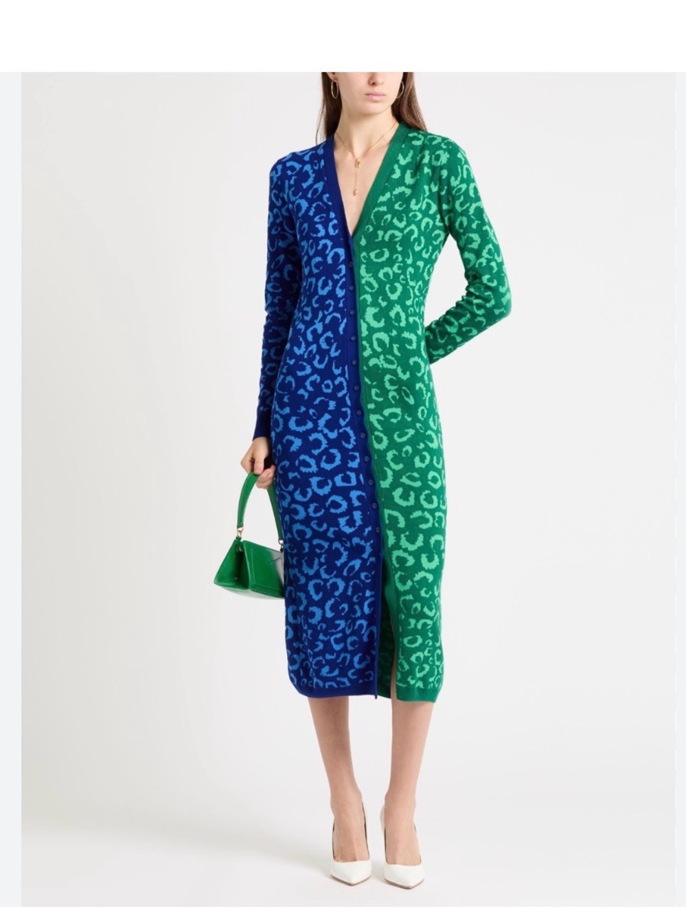 New Farm Rio Colorblock Leopard Knit Cardigan Dress Blue Green Button Front XXS